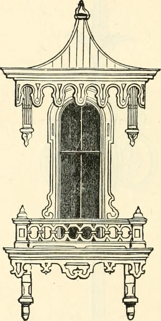 An illustration from Our homes and their adornments, or, How to build, finish, furnish and adorn a home, containing practical instructions for the building of homes, interior decoration, wood carving, scroll sawing, house painting, window hangings, screens, curtains, window gardening, incidental decorations, decorative-art needle-work, and economic landscape gardening; to which is added a household compendium of new, practical and valuable recipes, the whole being designed to make happy homes for happy people, 1883, leaf 179