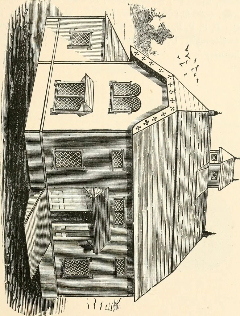 An illustration from Our homes and their adornments, or, How to build, finish, furnish and adorn a home, containing practical instructions for the building of homes, interior decoration, wood carving, scroll sawing, house painting, window hangings, screens, curtains, window gardening, incidental decorations, decorative-art needle-work, and economic landscape gardening; to which is added a household compendium of new, practical and valuable recipes, the whole being designed to make happy homes for happy people, 1883, leaf 186