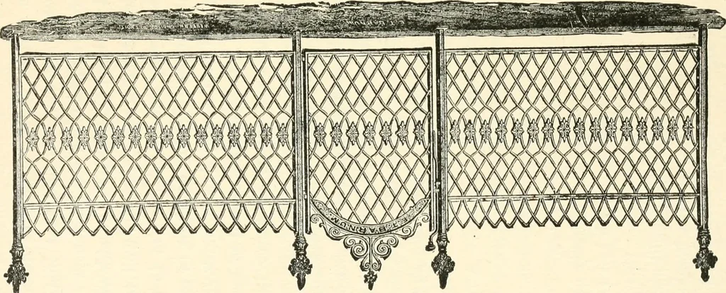 An illustration from Our homes and their adornments, or, How to build, finish, furnish and adorn a home, containing practical instructions for the building of homes, interior decoration, wood carving, scroll sawing, house painting, window hangings, screens, curtains, window gardening, incidental decorations, decorative-art needle-work, and economic landscape gardening; to which is added a household compendium of new, practical and valuable recipes, the whole being designed to make happy homes for happy people, 1883, leaf 233