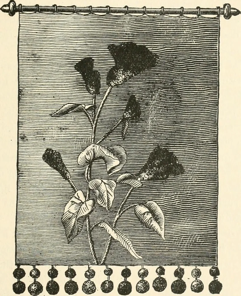 An illustration from Our homes and their adornments, or, How to build, finish, furnish and adorn a home, containing practical instructions for the building of homes, interior decoration, wood carving, scroll sawing, house painting, window hangings, screens, curtains, window gardening, incidental decorations, decorative-art needle-work, and economic landscape gardening; to which is added a household compendium of new, practical and valuable recipes, the whole being designed to make happy homes for happy people, 1883, leaf 266