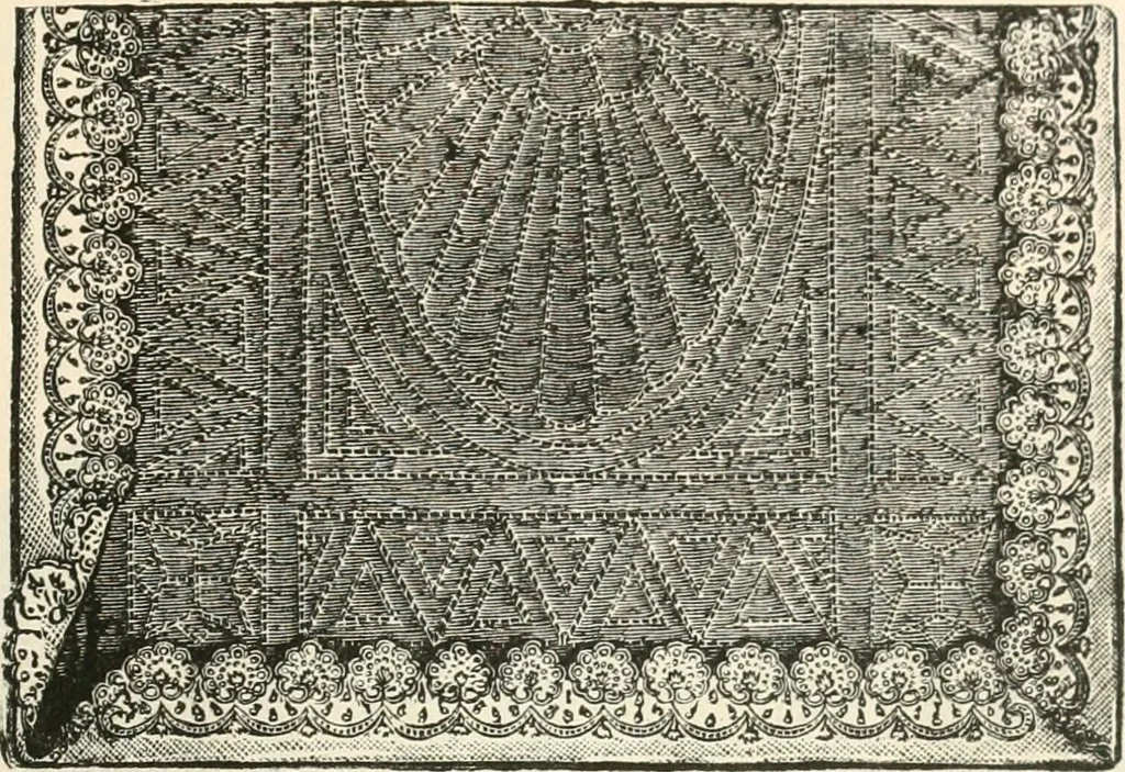 An illustration from Our homes and their adornments, or, How to build, finish, furnish and adorn a home, containing practical instructions for the building of homes, interior decoration, wood carving, scroll sawing, house painting, window hangings, screens, curtains, window gardening, incidental decorations, decorative-art needle-work, and economic landscape gardening; to which is added a household compendium of new, practical and valuable recipes, the whole being designed to make happy homes for happy people, 1883, leaf 272