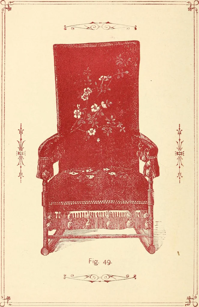 An illustration from Our homes and their adornments, or, How to build, finish, furnish and adorn a home, containing practical instructions for the building of homes, interior decoration, wood carving, scroll sawing, house painting, window hangings, screens, curtains, window gardening, incidental decorations, decorative-art needle-work, and economic landscape gardening; to which is added a household compendium of new, practical and valuable recipes, the whole being designed to make happy homes for happy people, 1883, leaf 277