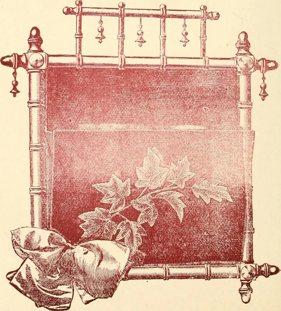 An illustration from Our homes and their adornments, or, How to build, finish, furnish and adorn a home, containing practical instructions for the building of homes, interior decoration, wood carving, scroll sawing, house painting, window hangings, screens, curtains, window gardening, incidental decorations, decorative-art needle-work, and economic landscape gardening; to which is added a household compendium of new, practical and valuable recipes, the whole being designed to make happy homes for happy people, 1883, leaf 285