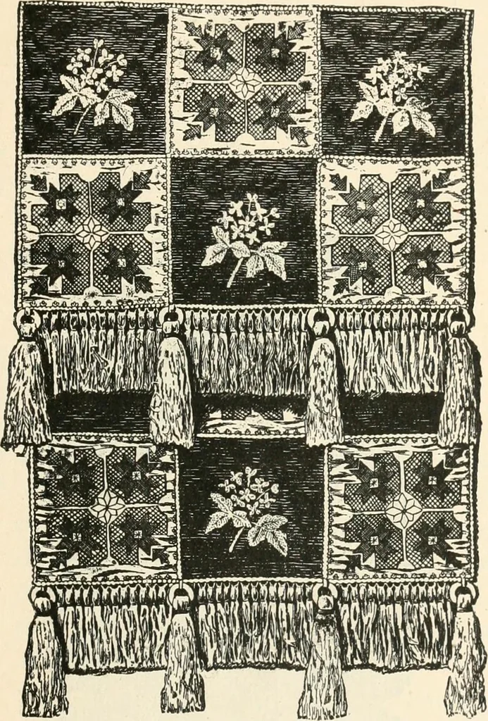 An illustration from Our homes and their adornments, or, How to build, finish, furnish and adorn a home, containing practical instructions for the building of homes, interior decoration, wood carving, scroll sawing, house painting, window hangings, screens, curtains, window gardening, incidental decorations, decorative-art needle-work, and economic landscape gardening; to which is added a household compendium of new, practical and valuable recipes, the whole being designed to make happy homes for happy people, 1883, leaf 290