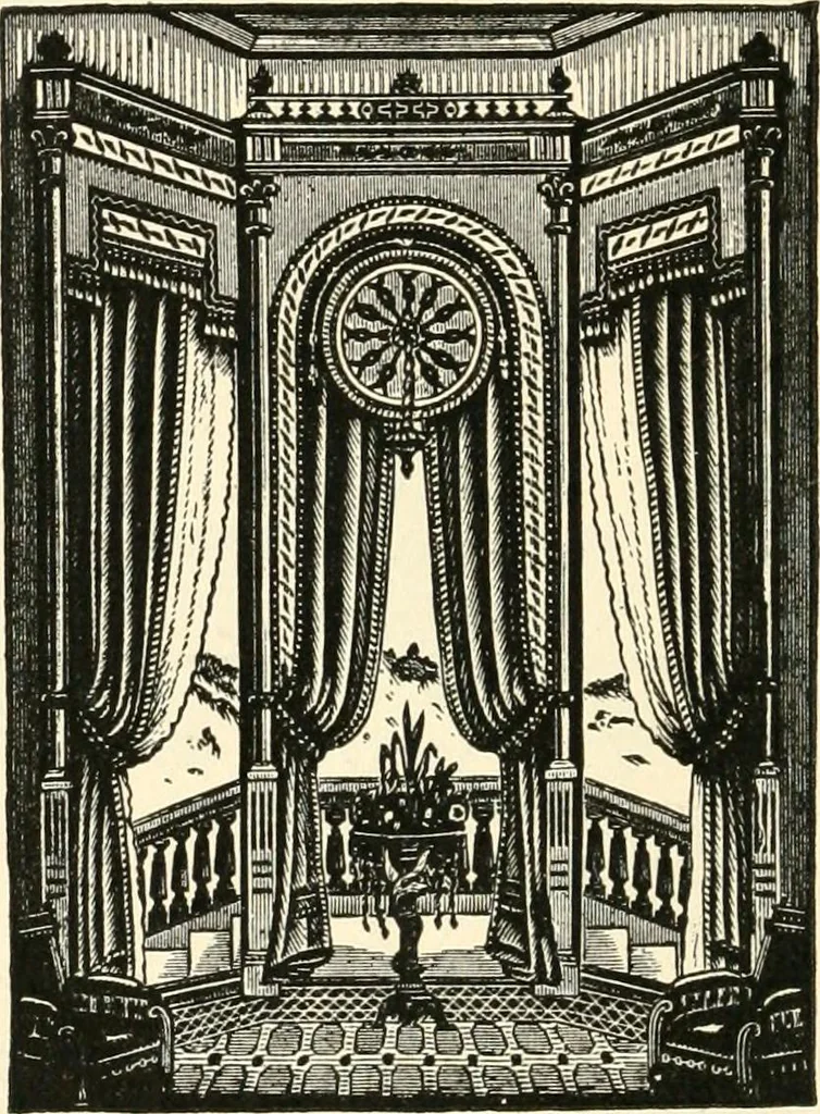 An illustration from Our homes and their adornments, or, How to build, finish, furnish and adorn a home, containing practical instructions for the building of homes, interior decoration, wood carving, scroll sawing, house painting, window hangings, screens, curtains, window gardening, incidental decorations, decorative-art needle-work, and economic landscape gardening; to which is added a household compendium of new, practical and valuable recipes, the whole being designed to make happy homes for happy people, 1883, leaf 309