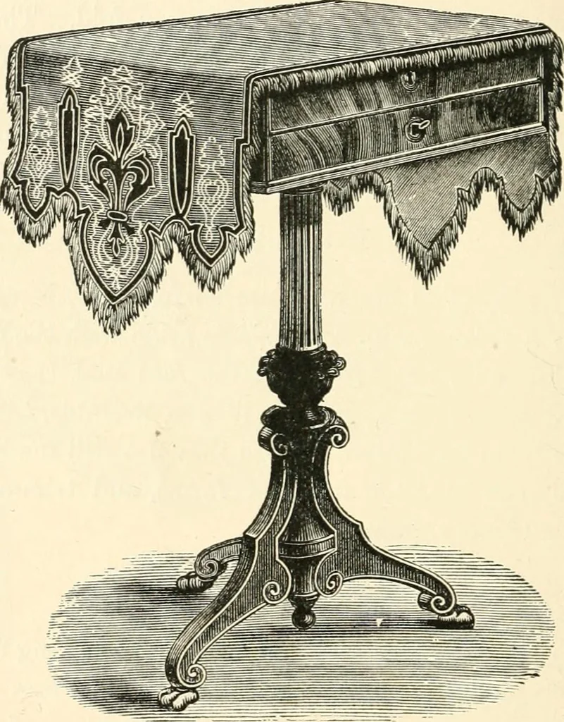 An illustration from Our homes and their adornments, or, How to build, finish, furnish and adorn a home, containing practical instructions for the building of homes, interior decoration, wood carving, scroll sawing, house painting, window hangings, screens, curtains, window gardening, incidental decorations, decorative-art needle-work, and economic landscape gardening; to which is added a household compendium of new, practical and valuable recipes, the whole being designed to make happy homes for happy people, 1883, leaf 313