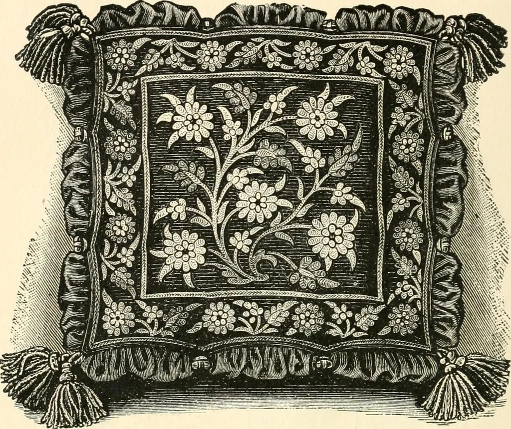 An illustration from Our homes and their adornments, or, How to build, finish, furnish and adorn a home, containing practical instructions for the building of homes, interior decoration, wood carving, scroll sawing, house painting, window hangings, screens, curtains, window gardening, incidental decorations, decorative-art needle-work, and economic landscape gardening; to which is added a household compendium of new, practical and valuable recipes, the whole being designed to make happy homes for happy people, 1883, leaf 319