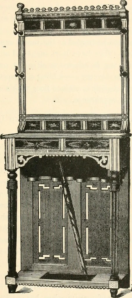 An illustration from Our homes and their adornments, or, How to build, finish, furnish and adorn a home, containing practical instructions for the building of homes, interior decoration, wood carving, scroll sawing, house painting, window hangings, screens, curtains, window gardening, incidental decorations, decorative-art needle-work, and economic landscape gardening; to which is added a household compendium of new, practical and valuable recipes, the whole being designed to make happy homes for happy people, 1883, leaf 322
