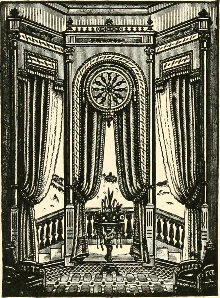 An illustration from Our homes and their adornments, or, How to build, finish, furnish and adorn a home, containing practical instructions for the building of homes, interior decoration, wood carving, scroll sawing, house painting, window hangings, screens, curtains, window gardening, incidental decorations, decorative-art needle-work, and economic landscape gardening; to which is added a household compendium of new, practical and valuable recipes, the whole being designed to make happy homes for happy people, 1883, leaf 327