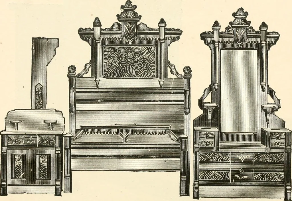 An illustration from Our homes and their adornments, or, How to build, finish, furnish and adorn a home, containing practical instructions for the building of homes, interior decoration, wood carving, scroll sawing, house painting, window hangings, screens, curtains, window gardening, incidental decorations, decorative-art needle-work, and economic landscape gardening; to which is added a household compendium of new, practical and valuable recipes, the whole being designed to make happy homes for happy people, 1883, leaf 348