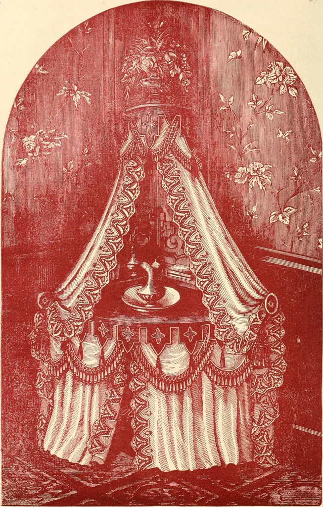An illustration from Our homes and their adornments, or, How to build, finish, furnish and adorn a home, containing practical instructions for the building of homes, interior decoration, wood carving, scroll sawing, house painting, window hangings, screens, curtains, window gardening, incidental decorations, decorative-art needle-work, and economic landscape gardening; to which is added a household compendium of new, practical and valuable recipes, the whole being designed to make happy homes for happy people, 1883, leaf 355