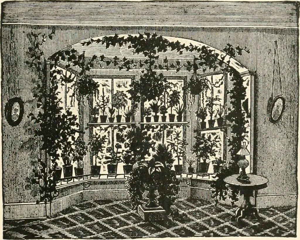 An illustration from Our homes and their adornments, or, How to build, finish, furnish and adorn a home, containing practical instructions for the building of homes, interior decoration, wood carving, scroll sawing, house painting, window hangings, screens, curtains, window gardening, incidental decorations, decorative-art needle-work, and economic landscape gardening; to which is added a household compendium of new, practical and valuable recipes, the whole being designed to make happy homes for happy people, 1883, leaf 386