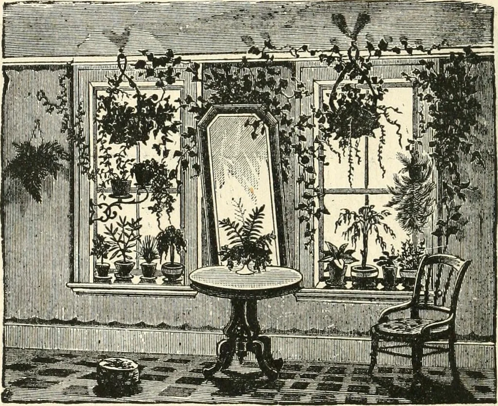 An illustration from Our homes and their adornments, or, How to build, finish, furnish and adorn a home, containing practical instructions for the building of homes, interior decoration, wood carving, scroll sawing, house painting, window hangings, screens, curtains, window gardening, incidental decorations, decorative-art needle-work, and economic landscape gardening; to which is added a household compendium of new, practical and valuable recipes, the whole being designed to make happy homes for happy people, 1883, leaf 387
