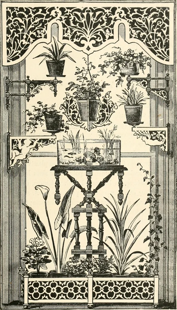 An illustration from Our homes and their adornments, or, How to build, finish, furnish and adorn a home, containing practical instructions for the building of homes, interior decoration, wood carving, scroll sawing, house painting, window hangings, screens, curtains, window gardening, incidental decorations, decorative-art needle-work, and economic landscape gardening; to which is added a household compendium of new, practical and valuable recipes, the whole being designed to make happy homes for happy people, 1883, leaf 388