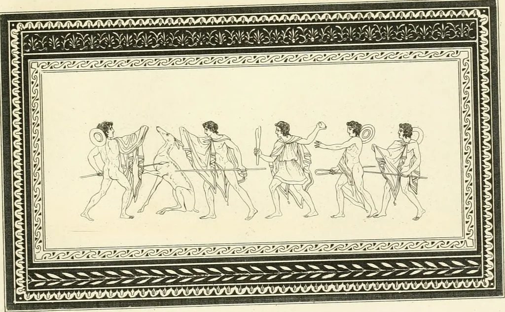 An illustration from Outlines from the figures and compositions upon the Greek, Roman, and Etruscan vases of the late Sir William Hamilton with engraved borders, 1804, leaf 144