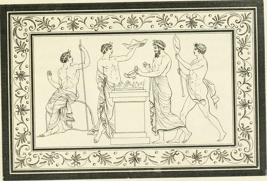 An illustration from Outlines from the figures and compositions upon the Greek, Roman, and Etruscan vases of the late Sir William Hamilton with engraved borders, 1804, leaf 156