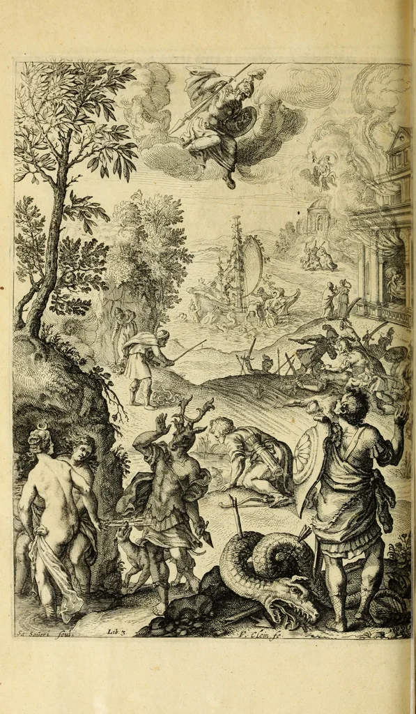 An illustration from Ovid's Metamorphosis : Englished, mythologiz'd, and represented in figures. An essay to the translation of Virgil's Æneis, 1632, leaf 107