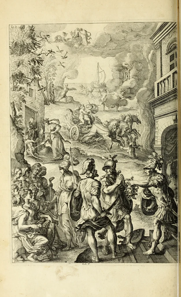 An illustration from Ovid's Metamorphosis : Englished, mythologiz'd, and represented in figures. An essay to the translation of Virgil's Æneis, 1632, leaf 179