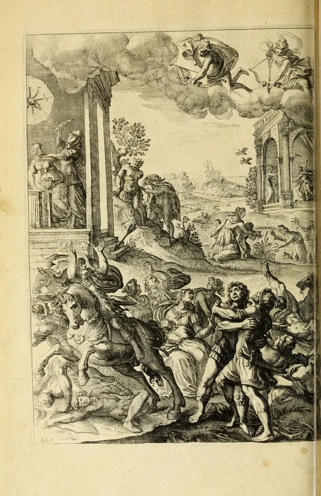 An illustration from Ovid's Metamorphosis : Englished, mythologiz'd, and represented in figures. An essay to the translation of Virgil's Æneis, 1632, leaf 211