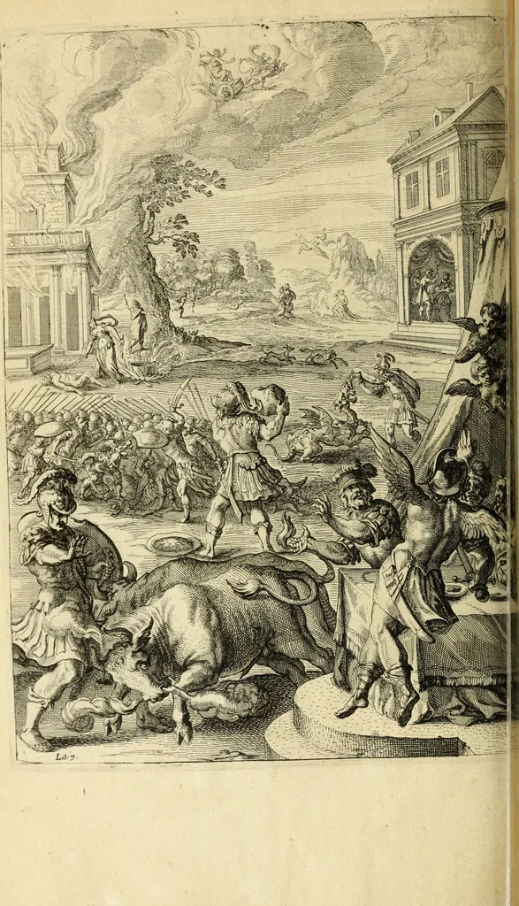 An illustration from Ovid's Metamorphosis : Englished, mythologiz'd, and represented in figures. An essay to the translation of Virgil's Æneis, 1632, leaf 243