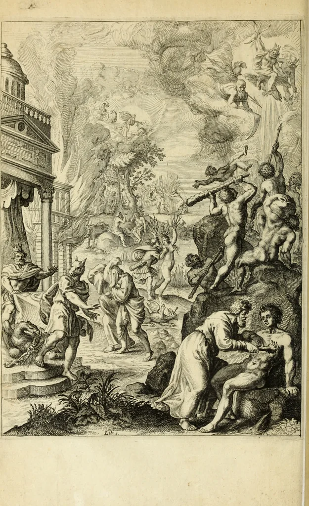 An illustration from Ovid's Metamorphosis : Englished, mythologiz'd, and represented in figures. An essay to the translation of Virgil's Æneis, 1632, leaf 29
