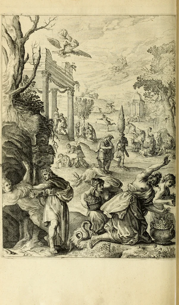 An illustration from Ovid's Metamorphosis : Englished, mythologiz'd, and represented in figures. An essay to the translation of Virgil's Æneis, 1632, leaf 355