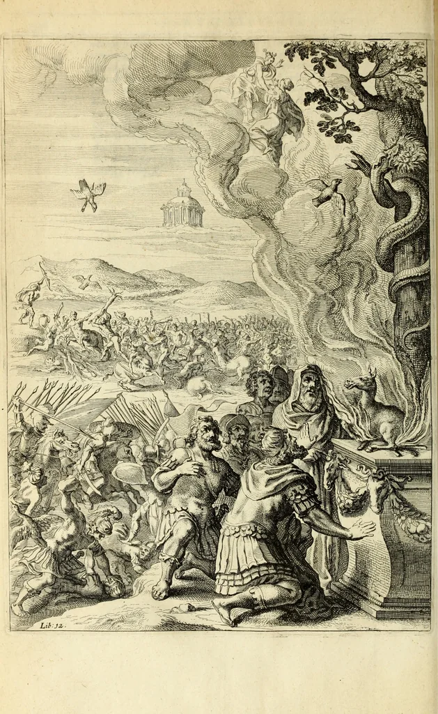 An illustration from Ovid's Metamorphosis : Englished, mythologiz'd, and represented in figures. An essay to the translation of Virgil's Æneis, 1632, leaf 421
