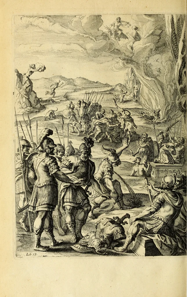 An illustration from Ovid's Metamorphosis : Englished, mythologiz'd, and represented in figures. An essay to the translation of Virgil's Æneis, 1632, leaf 447