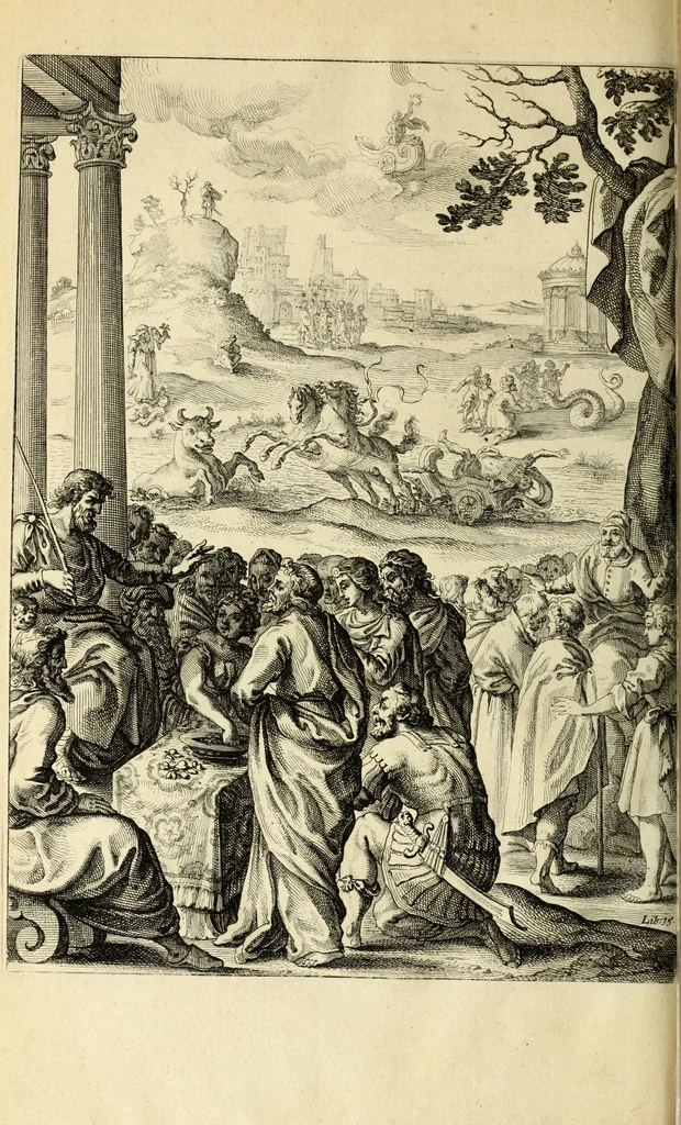 An illustration from Ovid's Metamorphosis : Englished, mythologiz'd, and represented in figures. An essay to the translation of Virgil's Æneis, 1632, leaf 517