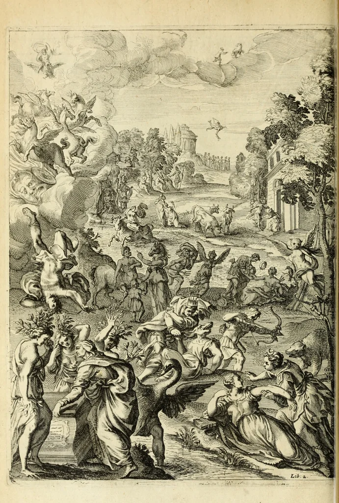 An illustration from Ovid's Metamorphosis : Englished, mythologiz'd, and represented in figures. An essay to the translation of Virgil's Æneis, 1632, leaf 69