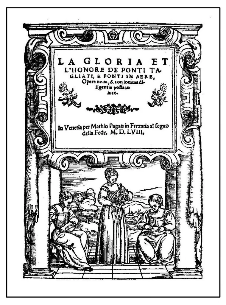 An illustration from La gloria e l'honore de ponti tagliati, e ponti in aere, & ponti in stiora a fogliami: opera noua, et con somma diligentia posta in luce, 1884, leaf 0