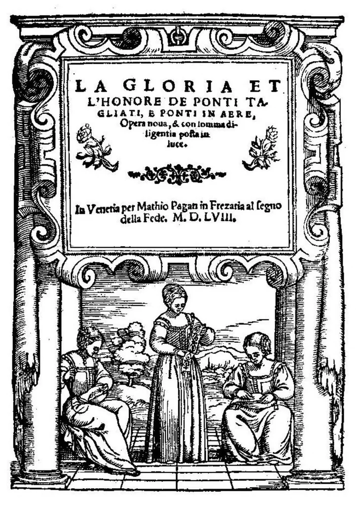 An illustration from La gloria e l'honore de ponti tagliati, e ponti in aere, & ponti in stiora a fogliami: opera noua, et con somma diligentia posta in luce, 1563, leaf 0