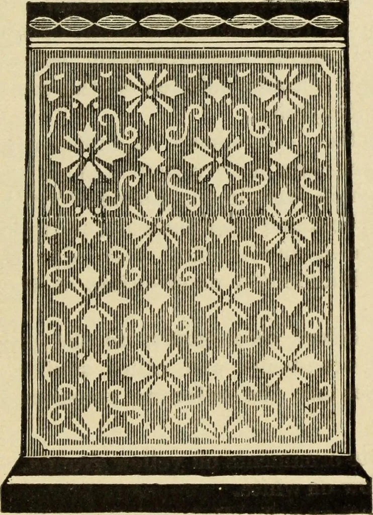 An illustration from The painters' encyclopædia. Containing definitions of all important words in the art of plain and artistic painting, with details of practice in coach, carriage, railway car, house, sign and ornamental painting, including graining, marbling ... and valuable hints and helps in scene painting, porcelain painting, plain painting, distemper painting, and all work in which a brush, pencil or palette is used, 1887, leaf 116