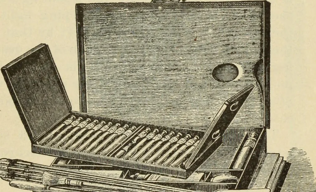 An illustration from The painters' encyclopædia. Containing definitions of all important words in the art of plain and artistic painting, with details of practice in coach, carriage, railway car, house, sign and ornamental painting, including graining, marbling ... and valuable hints and helps in scene painting, porcelain painting, plain painting, distemper painting, and all work in which a brush, pencil or palette is used, 1887, leaf 236