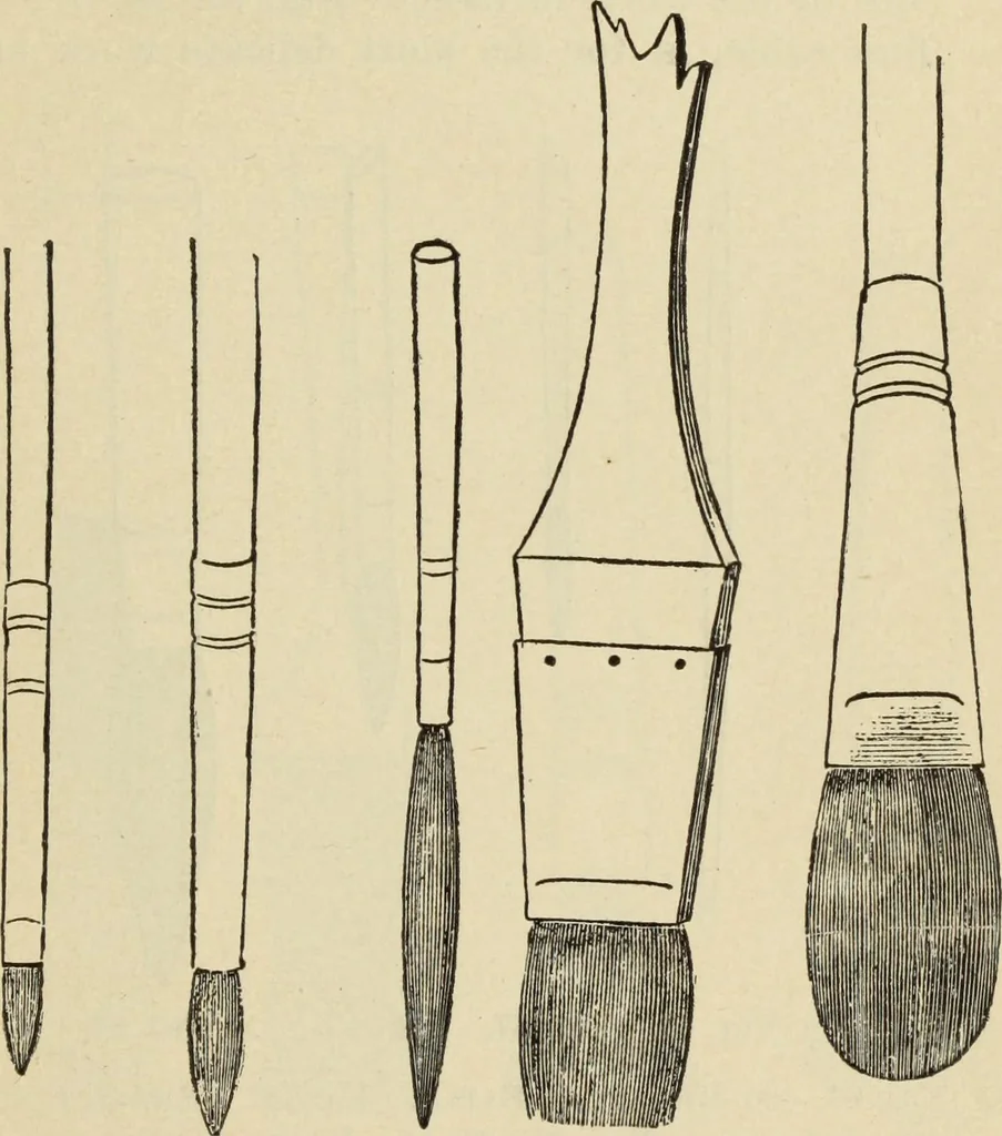 An illustration from The painters' encyclopædia. Containing definitions of all important words in the art of plain and artistic painting, with details of practice in coach, carriage, railway car, house, sign and ornamental painting, including graining, marbling ... and valuable hints and helps in scene painting, porcelain painting, plain painting, distemper painting, and all work in which a brush, pencil or palette is used, 1887, leaf 248
