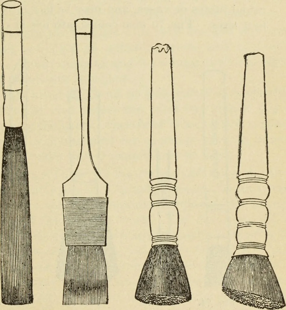 An illustration from The painters' encyclopædia. Containing definitions of all important words in the art of plain and artistic painting, with details of practice in coach, carriage, railway car, house, sign and ornamental painting, including graining, marbling ... and valuable hints and helps in scene painting, porcelain painting, plain painting, distemper painting, and all work in which a brush, pencil or palette is used, 1887, leaf 250