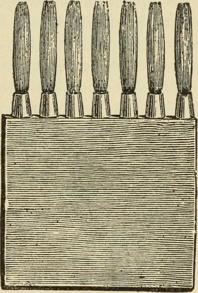An illustration from The painters' encyclopædia. Containing definitions of all important words in the art of plain and artistic painting, with details of practice in coach, carriage, railway car, house, sign and ornamental painting, including graining, marbling ... and valuable hints and helps in scene painting, porcelain painting, plain painting, distemper painting, and all work in which a brush, pencil or palette is used, 1887, leaf 280