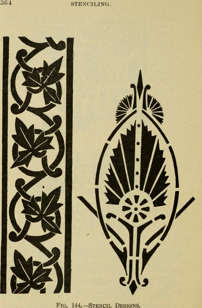 An illustration from The painters' encyclopædia. Containing definitions of all important words in the art of plain and artistic painting, with details of practice in coach, carriage, railway car, house, sign and ornamental painting, including graining, marbling ... and valuable hints and helps in scene painting, porcelain painting, plain painting, distemper painting, and all work in which a brush, pencil or palette is used, 1887, leaf 371