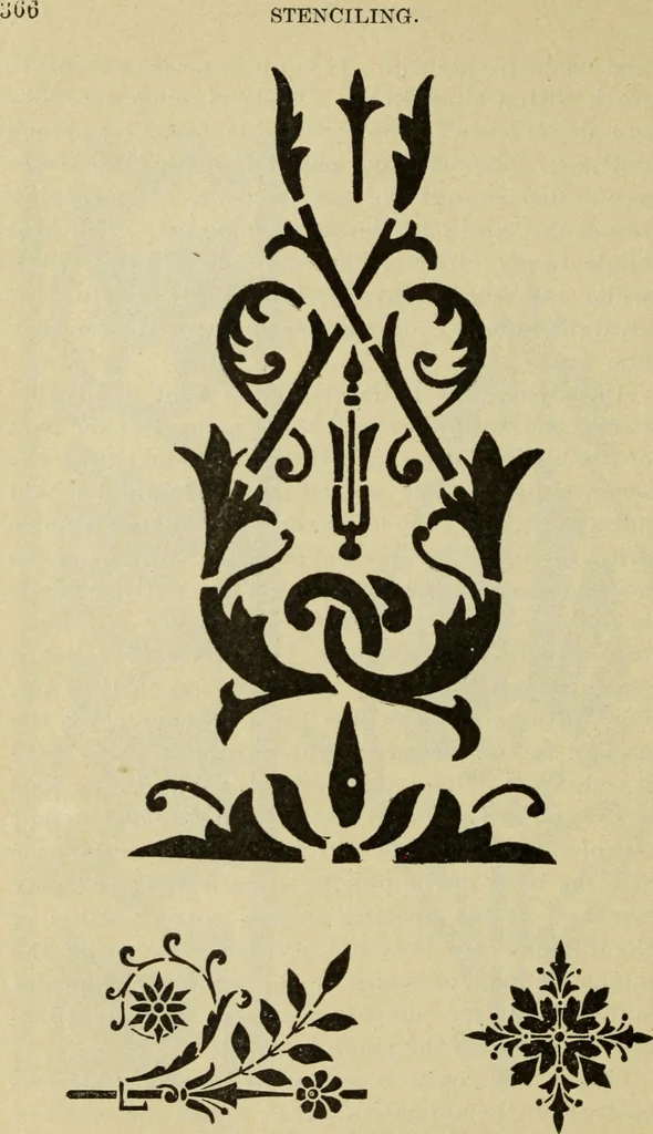 An illustration from The painters' encyclopædia. Containing definitions of all important words in the art of plain and artistic painting, with details of practice in coach, carriage, railway car, house, sign and ornamental painting, including graining, marbling ... and valuable hints and helps in scene painting, porcelain painting, plain painting, distemper painting, and all work in which a brush, pencil or palette is used, 1887, leaf 373