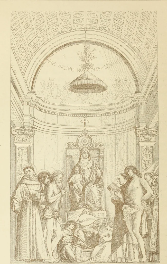 An illustration from A history of painting in north Italy : Venice, Padua, Vicenza, Verona, Ferrara, Milan, Friuli, Brescia, from the fourteenth to the sixteenth century : drawn up from fresh materials after recent researches in the archives of Italy, and from personal inspection of the works of art scattered throughout Europe, 1871, leaf 195