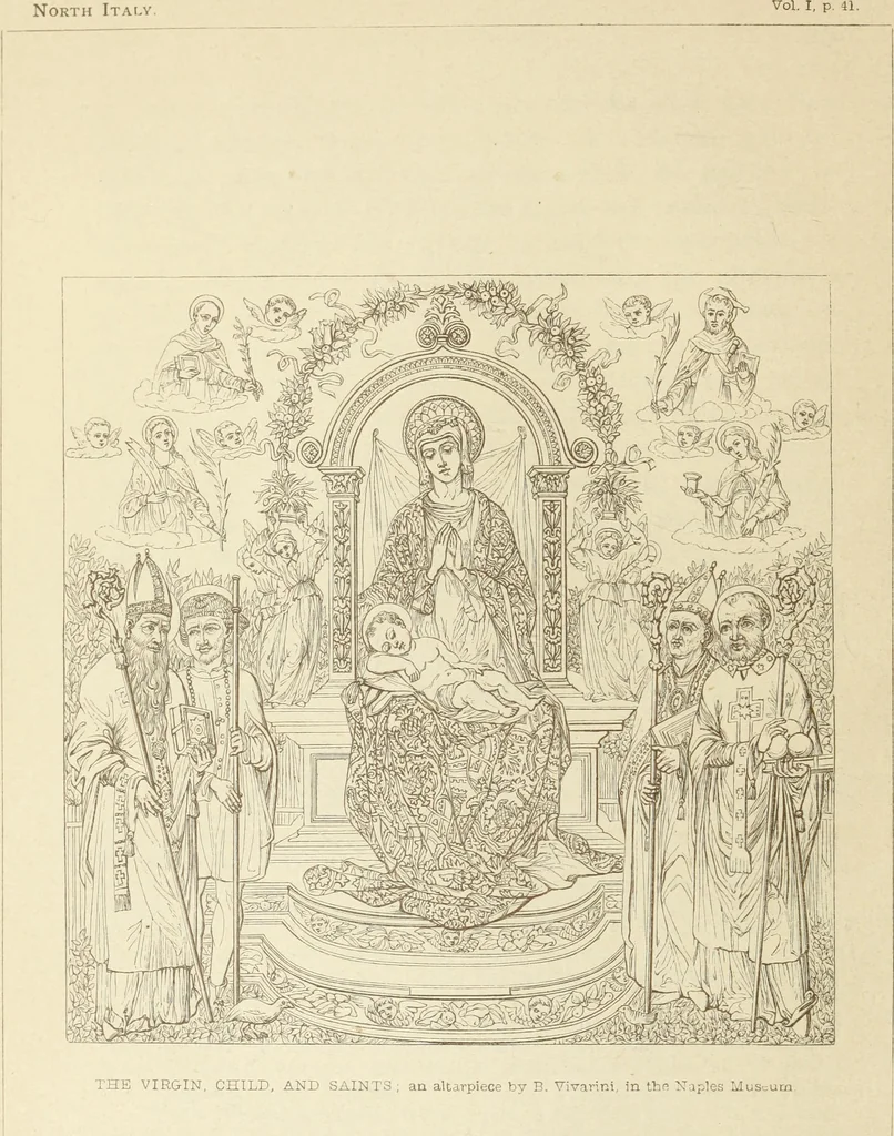 An illustration from A history of painting in north Italy : Venice, Padua, Vicenza, Verona, Ferrara, Milan, Friuli, Brescia, from the fourteenth to the sixteenth century : drawn up from fresh materials after recent researches in the archives of Italy, and from personal inspection of the works of art scattered throughout Europe, 1871, leaf 61