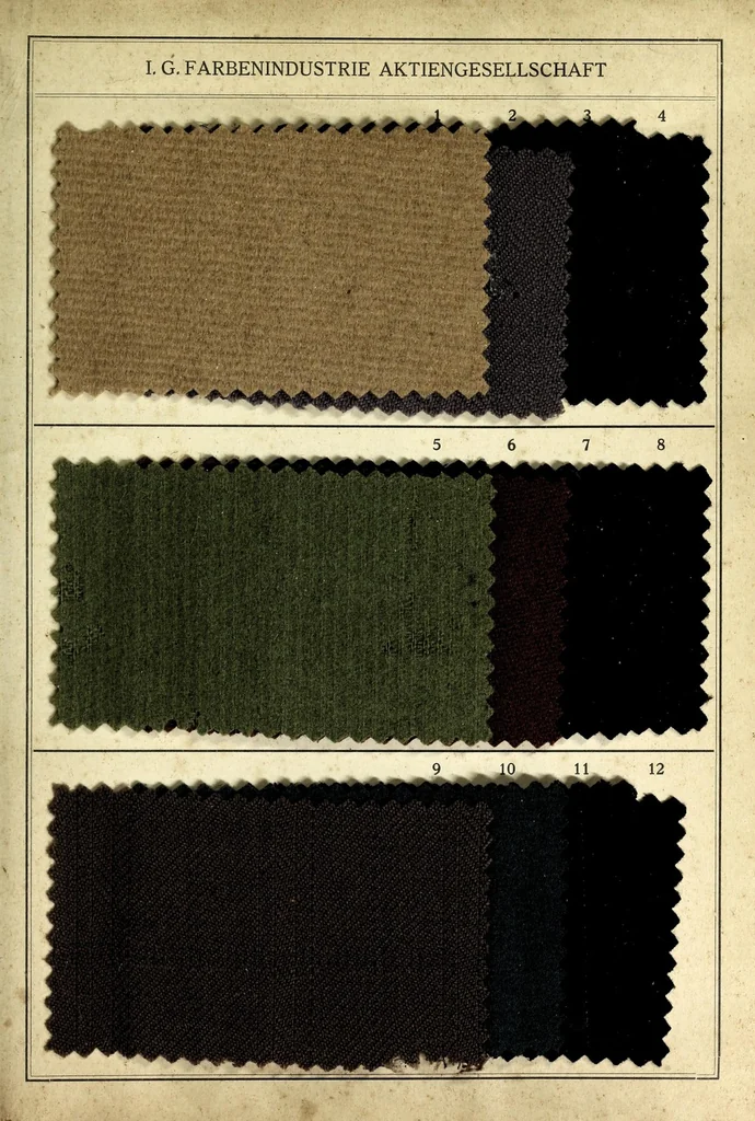 An illustration from Palatinechtfarben auf Wollstückware (Muster aus der Praxis) = Palatine fast colours on wool piece goods (patterns from the trade) = Colorants palatins solides sur tissu de laine (echantillons provenant de la pratique), 1930, leaf 3