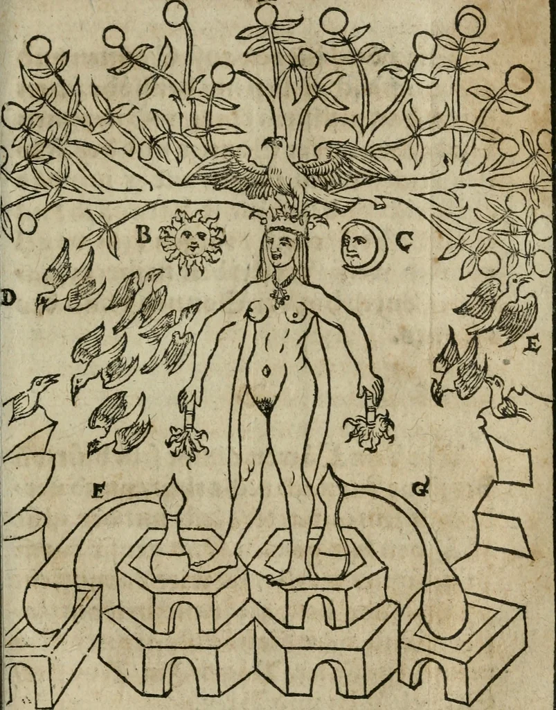 An illustration from Pandora, das ist, Die edleste Gab Gottes, oder, Der werde vnnd heilsamme Stein der Weysen, mit welchem die alten Philosophi, auch Theophrastus Paracelsus, die vnvolkom[m]ene Metallen, durch Gewalt des Fewrs verbessert, sampt allerley schädliche vnd unheilsame Kranckheiten, innerlich vnd eusserlich haben vertrieben : ein Guldener Schatz, welcher durch einen Liebhaber diser Kunst, von seinem Untergang errettet ist worden, vnnd zu Nutz allen Menschen, fürnem[m]lich den Liebhabern der Paracelsischen Artzney, erst jetz in Truck verfertiget, 1582, leaf 232