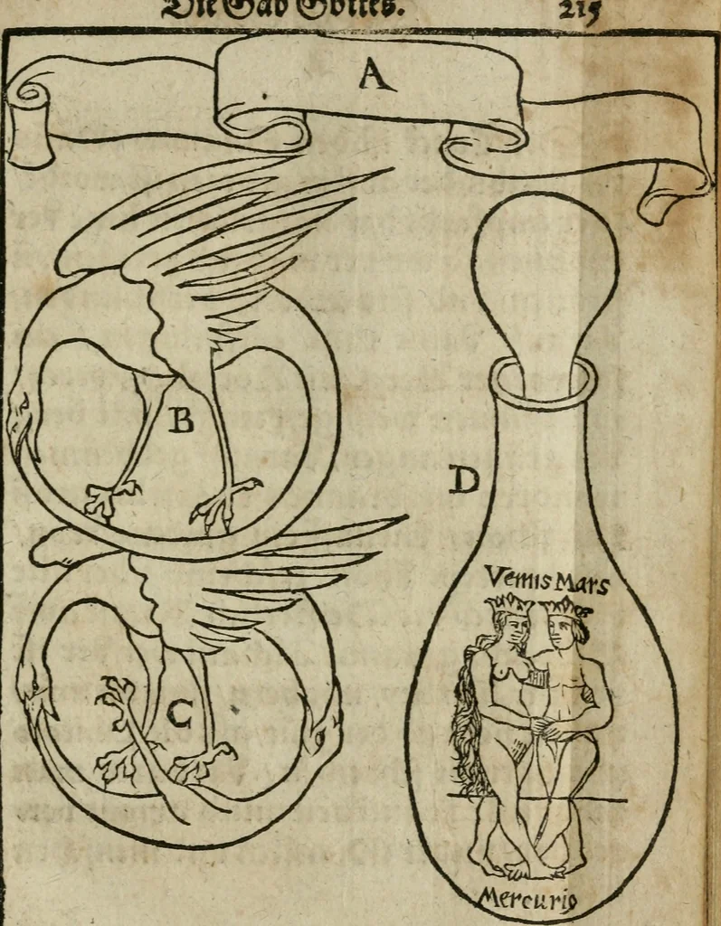 An illustration from Pandora, das ist, Die edleste Gab Gottes, oder, Der werde vnnd heilsamme Stein der Weysen, mit welchem die alten Philosophi, auch Theophrastus Paracelsus, die vnvolkom[m]ene Metallen, durch Gewalt des Fewrs verbessert, sampt allerley schädliche vnd unheilsame Kranckheiten, innerlich vnd eusserlich haben vertrieben : ein Guldener Schatz, welcher durch einen Liebhaber diser Kunst, von seinem Untergang errettet ist worden, vnnd zu Nutz allen Menschen, fürnem[m]lich den Liebhabern der Paracelsischen Artzney, erst jetz in Truck verfertiget, 1582, leaf 236