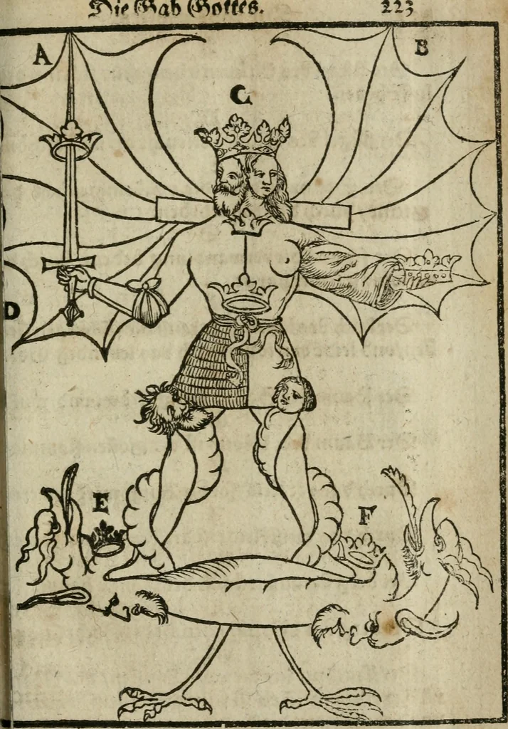 An illustration from Pandora, das ist, Die edleste Gab Gottes, oder, Der werde vnnd heilsamme Stein der Weysen, mit welchem die alten Philosophi, auch Theophrastus Paracelsus, die vnvolkom[m]ene Metallen, durch Gewalt des Fewrs verbessert, sampt allerley schädliche vnd unheilsame Kranckheiten, innerlich vnd eusserlich haben vertrieben : ein Guldener Schatz, welcher durch einen Liebhaber diser Kunst, von seinem Untergang errettet ist worden, vnnd zu Nutz allen Menschen, fürnem[m]lich den Liebhabern der Paracelsischen Artzney, erst jetz in Truck verfertiget, 1582, leaf 244