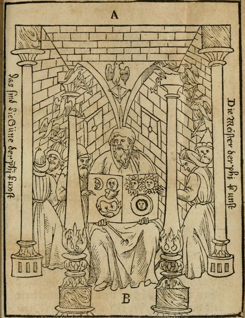 An illustration from Pandora, das ist, Die edleste Gab Gottes, oder, Der werde vnnd heilsamme Stein der Weysen, mit welchem die alten Philosophi, auch Theophrastus Paracelsus, die vnvolkom[m]ene Metallen, durch Gewalt des Fewrs verbessert, sampt allerley schädliche vnd unheilsame Kranckheiten, innerlich vnd eusserlich haben vertrieben : ein Guldener Schatz, welcher durch einen Liebhaber diser Kunst, von seinem Untergang errettet ist worden, vnnd zu Nutz allen Menschen, fürnem[m]lich den Liebhabern der Paracelsischen Artzney, erst jetz in Truck verfertiget, 1582, leaf 248