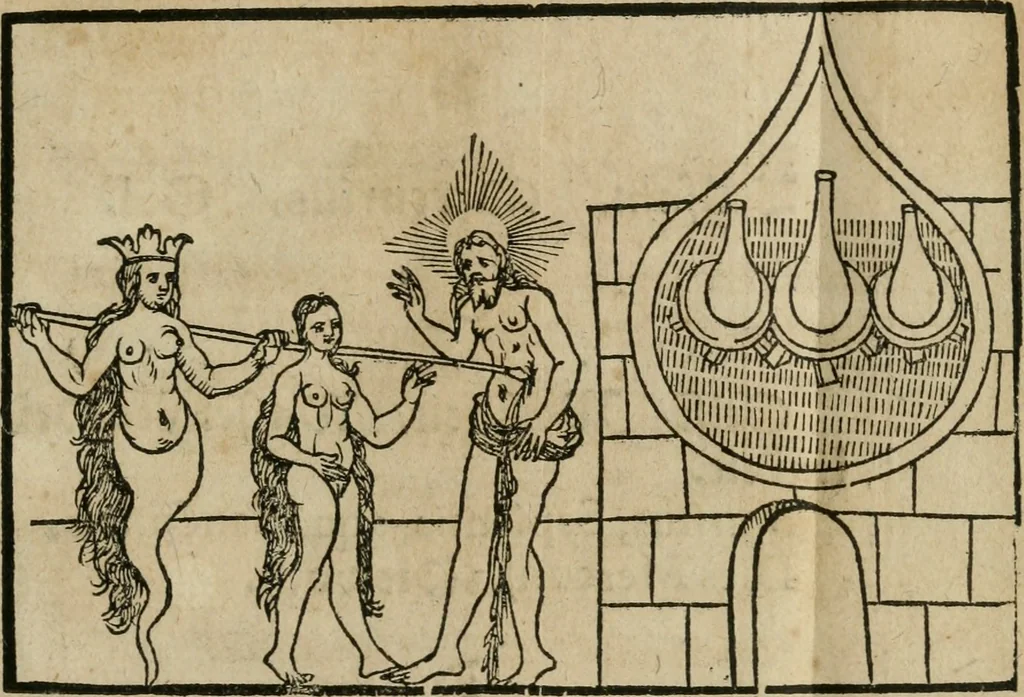 An illustration from Pandora, das ist, Die edleste Gab Gottes, oder, Der werde vnnd heilsamme Stein der Weysen, mit welchem die alten Philosophi, auch Theophrastus Paracelsus, die vnvolkom[m]ene Metallen, durch Gewalt des Fewrs verbessert, sampt allerley schädliche vnd unheilsame Kranckheiten, innerlich vnd eusserlich haben vertrieben : ein Guldener Schatz, welcher durch einen Liebhaber diser Kunst, von seinem Untergang errettet ist worden, vnnd zu Nutz allen Menschen, fürnem[m]lich den Liebhabern der Paracelsischen Artzney, erst jetz in Truck verfertiget, 1582, leaf 256