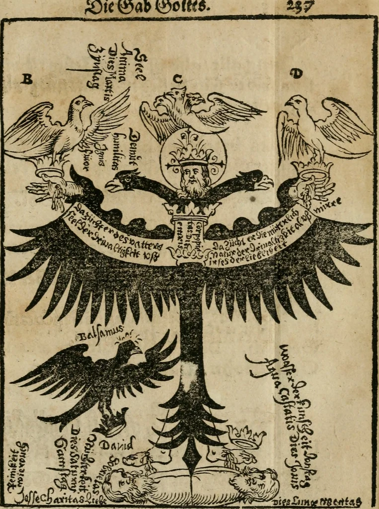 An illustration from Pandora, das ist, Die edleste Gab Gottes, oder, Der werde vnnd heilsamme Stein der Weysen, mit welchem die alten Philosophi, auch Theophrastus Paracelsus, die vnvolkom[m]ene Metallen, durch Gewalt des Fewrs verbessert, sampt allerley schädliche vnd unheilsame Kranckheiten, innerlich vnd eusserlich haben vertrieben : ein Guldener Schatz, welcher durch einen Liebhaber diser Kunst, von seinem Untergang errettet ist worden, vnnd zu Nutz allen Menschen, fürnem[m]lich den Liebhabern der Paracelsischen Artzney, erst jetz in Truck verfertiget, 1582, leaf 258