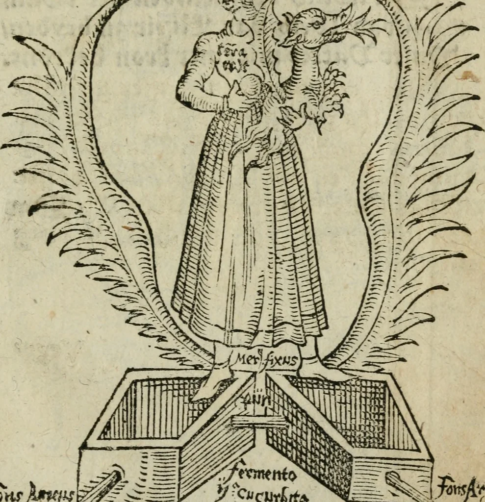 An illustration from Pandora, das ist, Die edleste Gab Gottes, oder, Der werde vnnd heilsamme Stein der Weysen, mit welchem die alten Philosophi, auch Theophrastus Paracelsus, die vnvolkom[m]ene Metallen, durch Gewalt des Fewrs verbessert, sampt allerley schädliche vnd unheilsame Kranckheiten, innerlich vnd eusserlich haben vertrieben : ein Guldener Schatz, welcher durch einen Liebhaber diser Kunst, von seinem Untergang errettet ist worden, vnnd zu Nutz allen Menschen, fürnem[m]lich den Liebhabern der Paracelsischen Artzney, erst jetz in Truck verfertiget, 1582, leaf 266