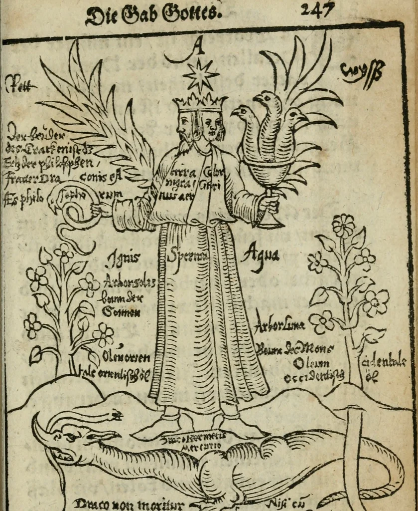 An illustration from Pandora, das ist, Die edleste Gab Gottes, oder, Der werde vnnd heilsamme Stein der Weysen, mit welchem die alten Philosophi, auch Theophrastus Paracelsus, die vnvolkom[m]ene Metallen, durch Gewalt des Fewrs verbessert, sampt allerley schädliche vnd unheilsame Kranckheiten, innerlich vnd eusserlich haben vertrieben : ein Guldener Schatz, welcher durch einen Liebhaber diser Kunst, von seinem Untergang errettet ist worden, vnnd zu Nutz allen Menschen, fürnem[m]lich den Liebhabern der Paracelsischen Artzney, erst jetz in Truck verfertiget, 1582, leaf 268